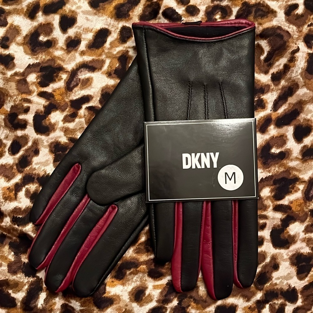 Brand New DKNY Genuine Leather Black Gloves w/ Maroon Accent